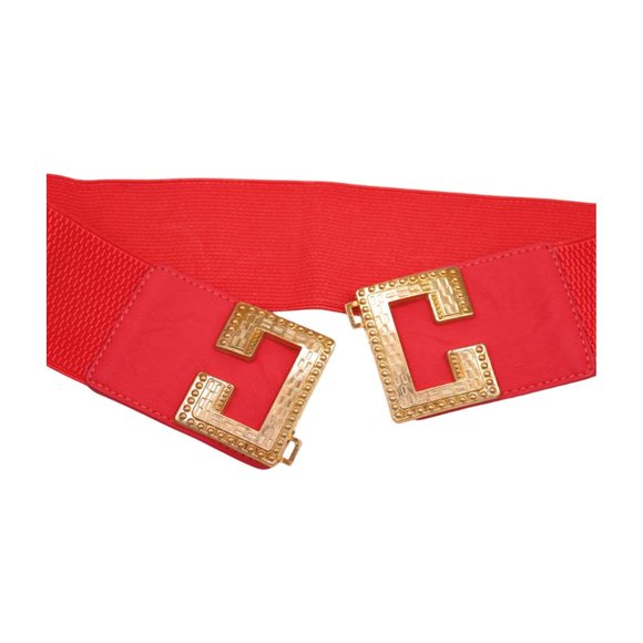 New Women Coral Pink Red Elastic Wide Fashion Belt Gold Metal C Buckle Size S M - Picture 15 of 17